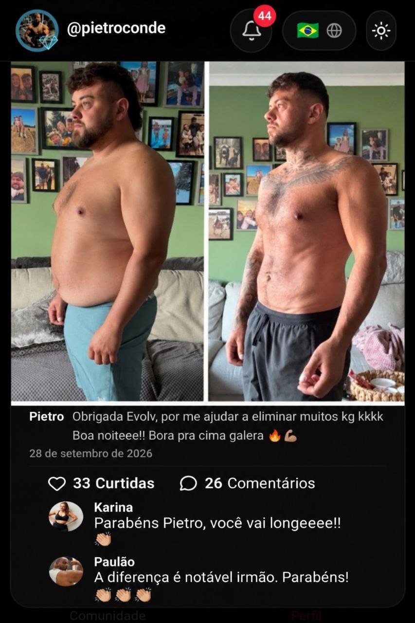 Tela da Comunidade EVOLV com uma publicação de evolução e comentários de incentivo