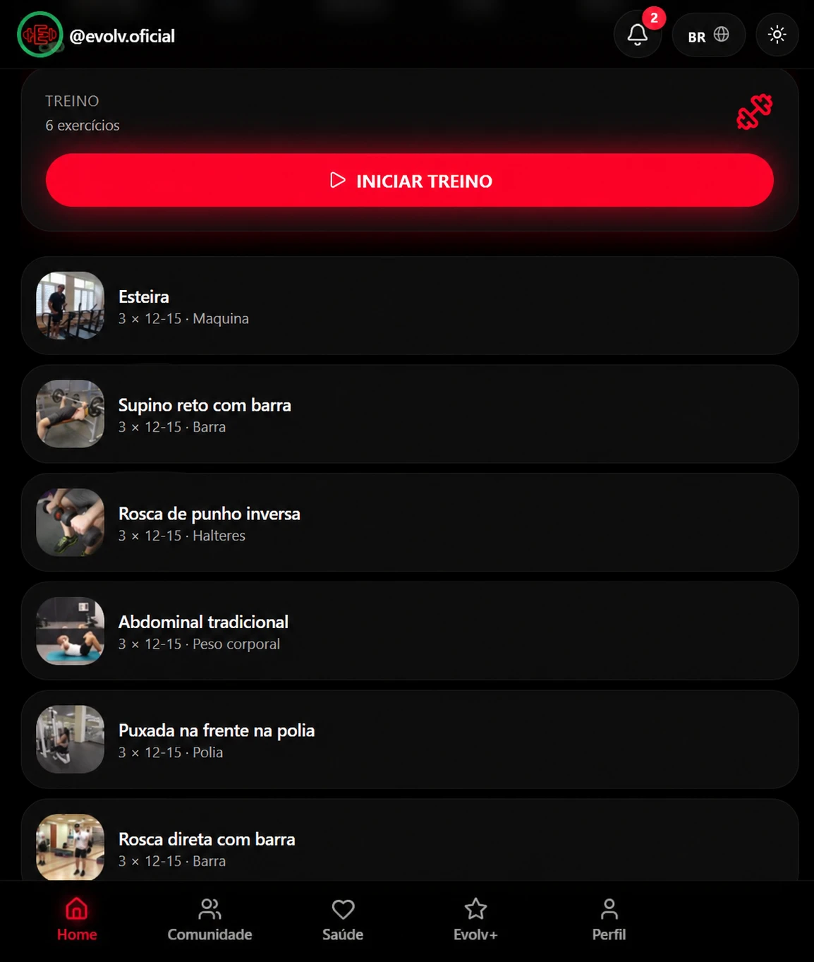 Tela do EVOLV com a lista de exercícios do treino