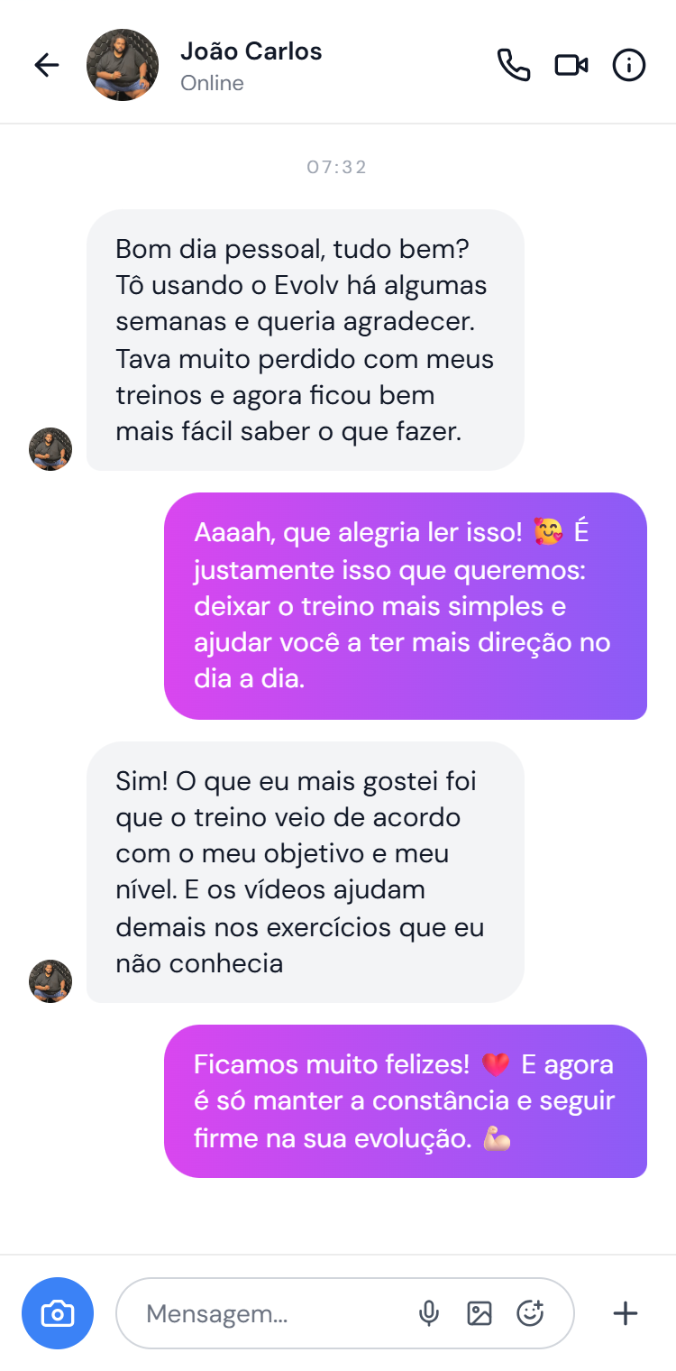 Conversa real de João Carlos sobre sua experiência com o EVOLV